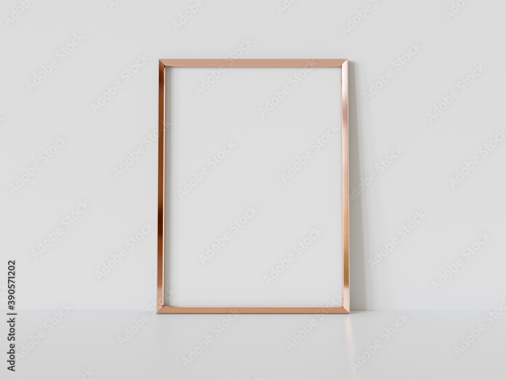 Aufkleber golden frame leaning on white floor in interior mockup. template of a picture framed on a wall 3d re
