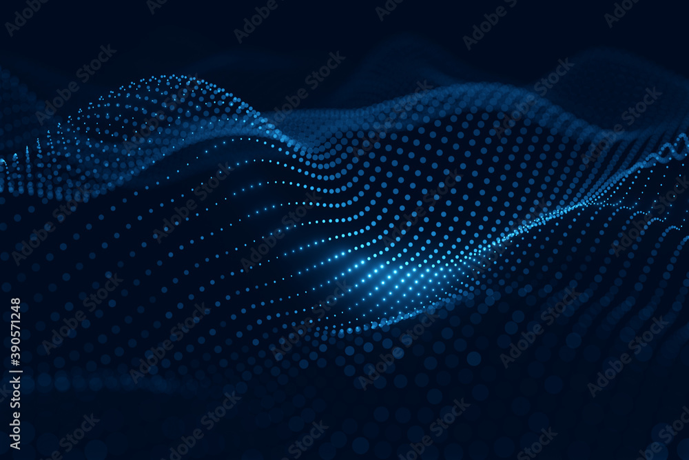 Aufkleber moving neon blue dots pattern forming a digital network connection on dark background
