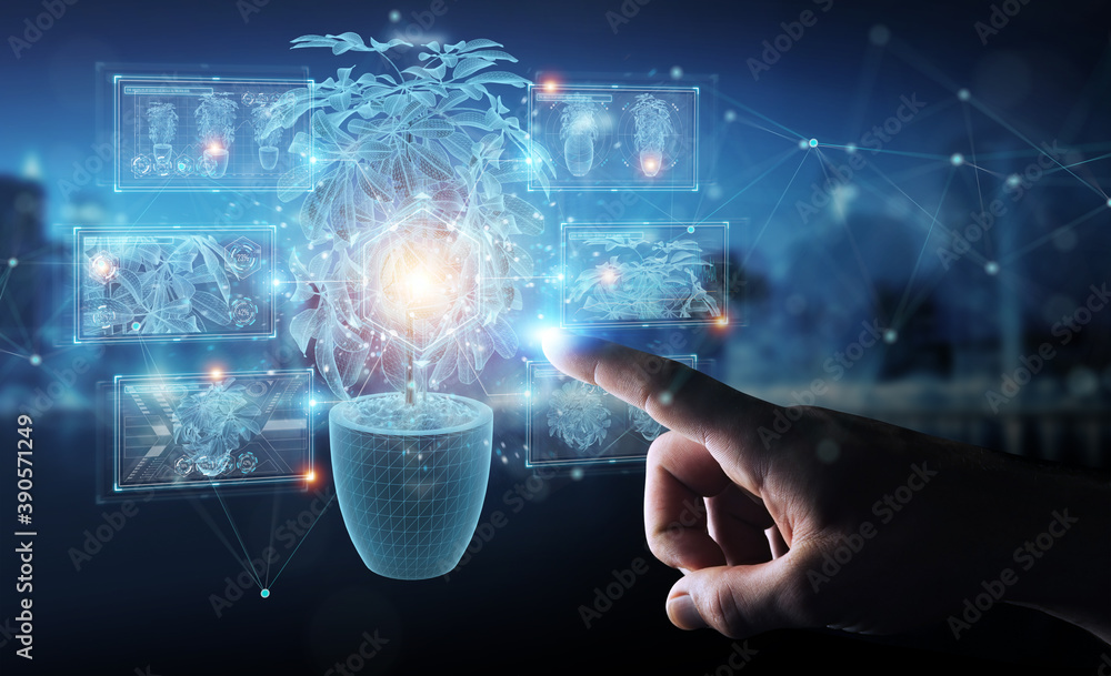 Leinwandbilder man hand holding and touching holographic projection of a plant with digital analysis 3d rendering