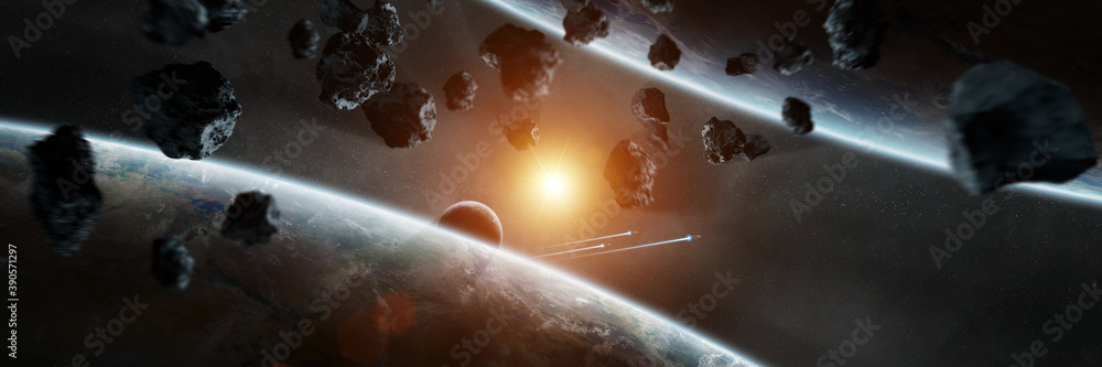 Sticker panoramic space planets background. panorama of distant solar system with exoplanets 3d rendering el