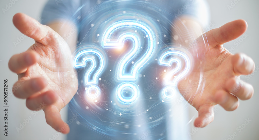 Poster man using digital question marks holographic interface 3d rendering