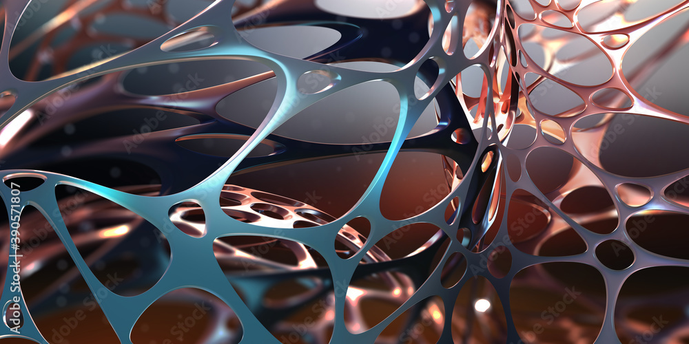 Poster Neural network in nanotechnology cyberspace. Abstract 3D illustration of synthetic web. Organic and synthetic compounds in nanostructures. High resolution high tech poster
