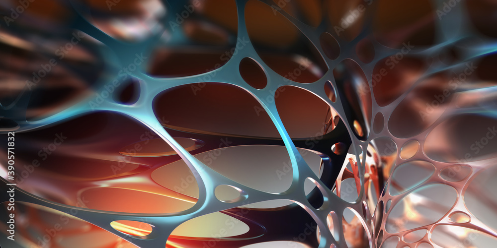 Poster Neural network in nanotechnology cyberspace. Abstract 3D illustration of synthetic web. Organic and synthetic compounds in nanostructures. High resolution high tech poster