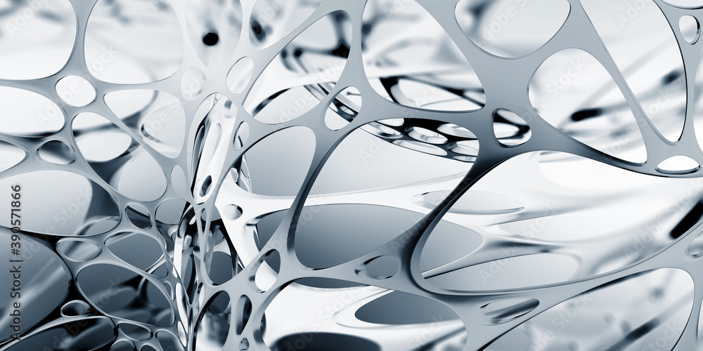 Poster Communication and development. High resolution poster on high technology theme. Black and white abstract image of a neural network. 3D illustration of nanotechnological synthetic materials
