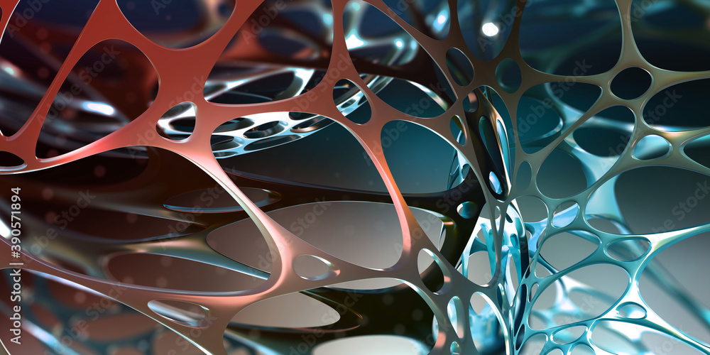 Poster Neural network in nanotechnology cyberspace. Abstract 3D illustration of synthetic web. Organic and synthetic compounds in nanostructures. High resolution high tech poster