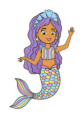Cartoon beautiful little mermaid in a wreath of seashells.Vector illustration siren and sea theme.Vector illustration on isolated white background.Coloring book in color.A mermaid with rainbow scales