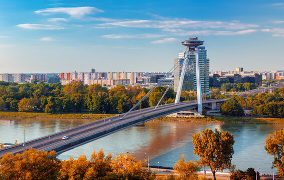 Sunrise on Bridge SNP and UFO tower view point over Danube river in Bratislava city, Slovakia