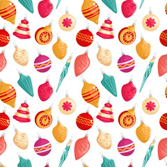 Pattern A collection of beautiful Christmas tree decorations, Suitable for background, wrapping paper, print. Balls, star, decor with icicles. Colored vector illustration in cartoon style.