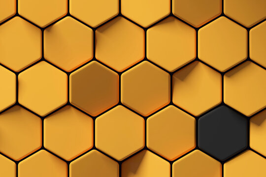 Abstract yellow hexagon background with single black field; honeycomb pattern isolation concept; close up of golden hex geometric structure; top view; 3d rendering, 3d illustration
