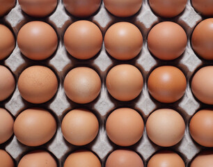 Brown hen eggs in egg tray, Fresh food package in top view