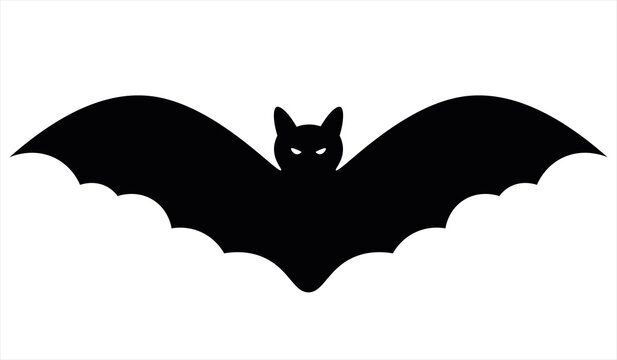 Bat. Silhouette. Carrier of dangerous infections. Vector illustration. Halloween symbol. Isolated white background. Flat style. Glowing eyes. Vampire animal. A blood-sucking mammal. All Saints Day. 
