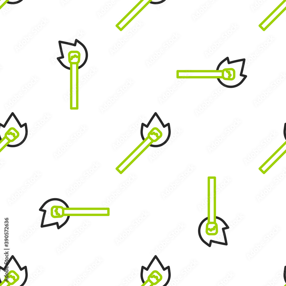 Poster line burning match with fire icon isolated seamless pattern on white background. match with fire. ma