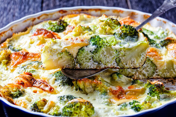 broccoli florets baked with brie cheese, top view