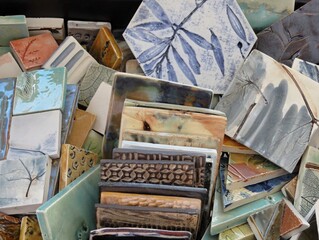 Typical work table in a traditional ceramic workshop in Alcobaca, Centro - Portugal