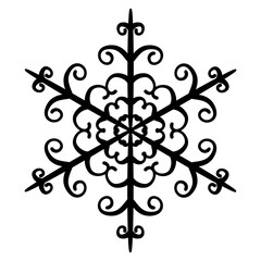 Beautiful snowflake with curls. Black silhouette of Christmas snowflake. Winter icon, element for illustration creation. Vector flat symbol. Linear style, cutout template. Snow flake design
