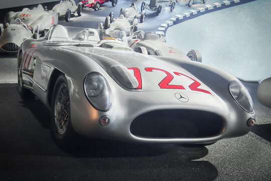 STUTTGART, GERMANY-APRIL 7, 2017: 1955 Mercedes-Benz 300 SLR racing sports car (W196 S) in the Mercedes Museum. This car was driven by Stirling Moss and holds the record of Mille Miglia