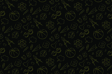 Yellow linear vector on a theme of school sciences on a black background, seamless pattern