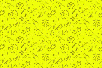 Black linear vector on a theme of school sciences on a yellow background, seamless pattern