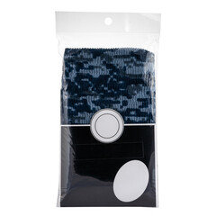 Washcloth dark blue khaki braided body scrubber, long, packaged isolated on white