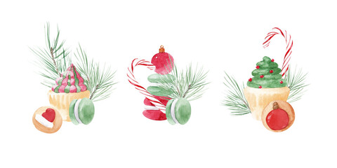 Christmas watercolor illustration. Hand-drawn Christmas cookies, muffins, macaroons, candy cane, pine twigs, Christmas balls. Suitable for greeting cards, posters