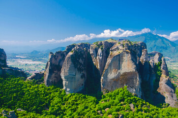 Fototapeta premium Watercolor drawing of Meteora Rocks with famous monasteries near Kalabaka, Greece