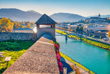 Superb morning cityscape of Salzburg, Old City, birthplace of famed composer Mozart. Romantic...