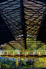 Steel Structure of an old factory and green garden of contemporary loft in Paris suburb. Ivry-sur-Seine city