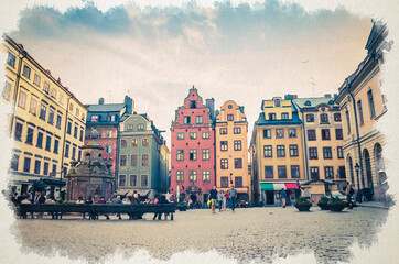 Fototapeta na wymiar Watercolor drawing of Sweden traditional typical buildings with colorful walls, Nobel Museum and fountain on Stortorget square in old town quarter Gamla Stan of Stadsholmen island, Stockholm