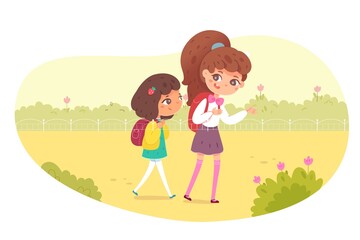 School kids going to study in autumn. Happy girls or sisters walking in park and talking. Learning and primary education vector illustration. Cute schoolchildren in September with backpacks