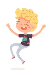 Smiling boy jumping for joy and hands up. Cute child isolated on white background. Vector character illustration of children gestures, emotions, types of moods.