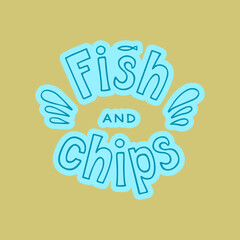 Vector illustration of fish and chips lettering for banner, leaflet, poster, clothes, logo, advertisement design. Handwritten text for template, signage, billboard, print, menu, flyer, cafe decoration