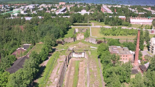 An amazing engineering structure from the time of Emperor Peter. Cross-channel with docks and Petrovsky dock from above. Kronshtadt, Saint Petersburg.