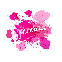Vector illustration of icecream lettering for banner, leaflet, poster, clothes, logo, advertisement design. Handwritten text for template, signage, billboard, printing. Imitation of brushpen lettering