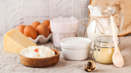 A variety of dairy products, cheese, farm eggs. The concept of the farmer's market. Copy space.