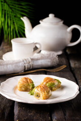 walnut, pistachio turkish style antep baklava presentation and service