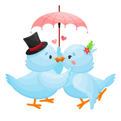 Romantic blue birds kissing under love umbrella.