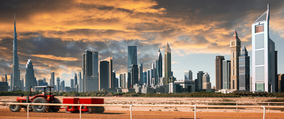 Dubai city at sunrise - modern city center skyline with luxury skyscrapers, United Arab Emirates