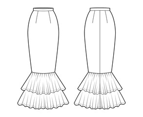 Skirt mermaid fishtail maxi technical fashion illustration with floor ankle lengths silhouette, pencil fullness. Flat bottom template front, back, white color style. Women men unisex CAD mockup