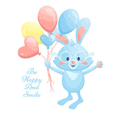 Obraz na płótnie Canvas Blue Bunny With Happy Festive Air Balloons. 