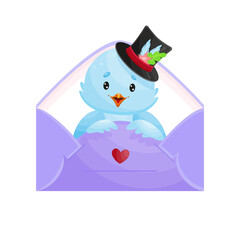 Blue bird boy in a tall hat in a love letter. 