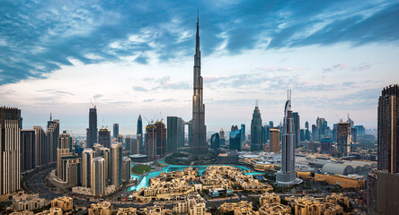 Fototapeta premium Dubai city center view at sunrise, United Arab Emirates
