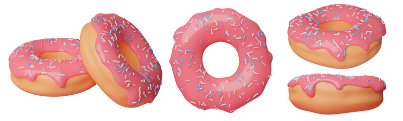 3d cartoon sweet donut with pink icing and sugar sprinkles isolated on white background. Donut top view, side view, perspective view, pair of donuts isolated. 3d illustration in modern trending style