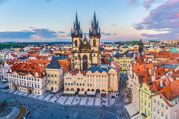 Obraz premium Watercolor drawing of Panorama of Prague historical centre Stare Mesto Old Town Square Staromestske namesti with Gothic Church of Our Lady before Tyn. Aerial view of Prague city, Czech Republic