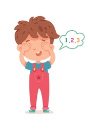 Little boy playing hide and seek, counting with eyes shut. Happy kid standing with bubble with numbers on white background vector illustration. Fun childhood game and cheerful pastime
