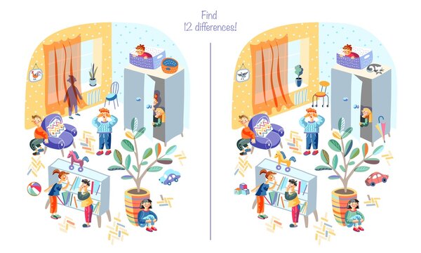 Playing hide and seek with friends at home. Find difference between two pictures game vector illustration. Boy counting, children hiding in room. Fun childhood game and cheerful pastime