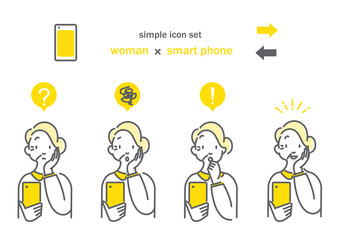 スマホを操作するシニア女性のシンプルアイコンセット　黄色　グレー　二色