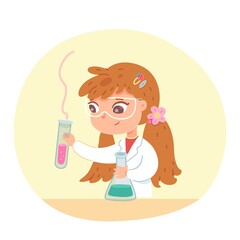 Little girl doing chemistry experiment at school class. Kid in education vector illustration. Girl at chemistry class at school, holding flasks in protective glasses at table