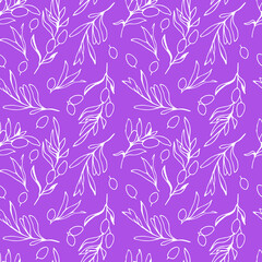 Fototapeta na wymiar outline Branches of olives seamless pattern. white handwritten olives, branches, leaves. Stock vector illustration isolated on purple. For gift wrapping, wallpaper, scrubbing, textile, web page