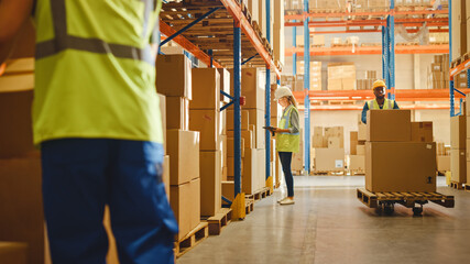Fototapeta na wymiar Retail Warehouse full of Shelves with Goods in Cardboard Boxes, Female Worker Scans and Sorts Packages for Delivery. In Background Loaders Move Products with Forklifts. Distribution Logistics Center