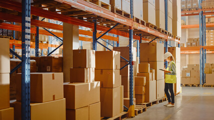 Retail Warehouse full of Shelves with Goods in Cardboard Boxes, Female Worker Scans and Sorts Packages for Delivery. Distribution Logistics Center